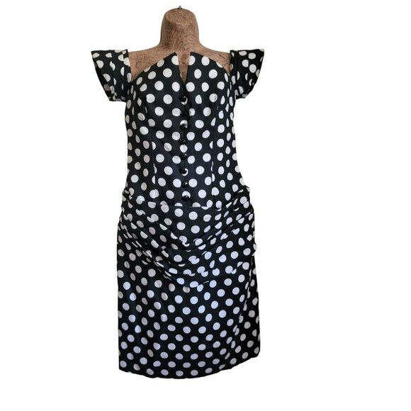 Vintage Y2K 80s 90s Black & White Polka Dot Off-Shoulder Dress with Rached Detai - Picture 2 of 16